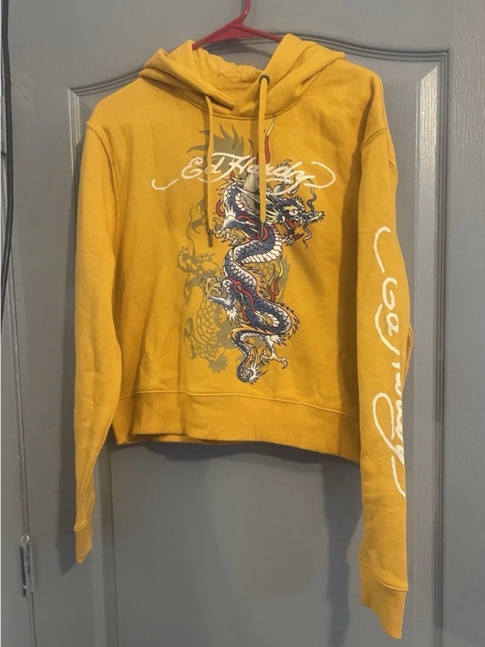 Ed Hardy Yellow Dragon Graphic Hoodie Sweatshirt - Women